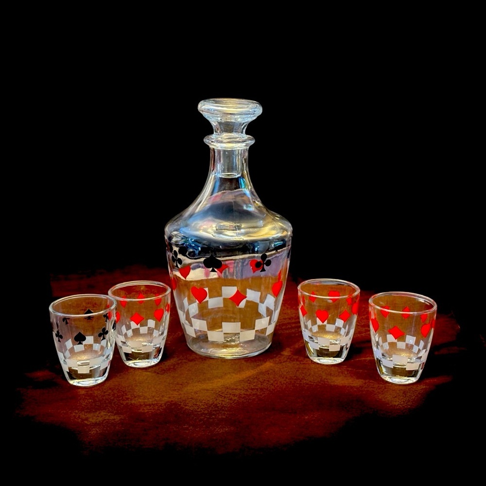 1950s/60s Luminarc French Liquor Decanter Set. Playing Card Motifs.
